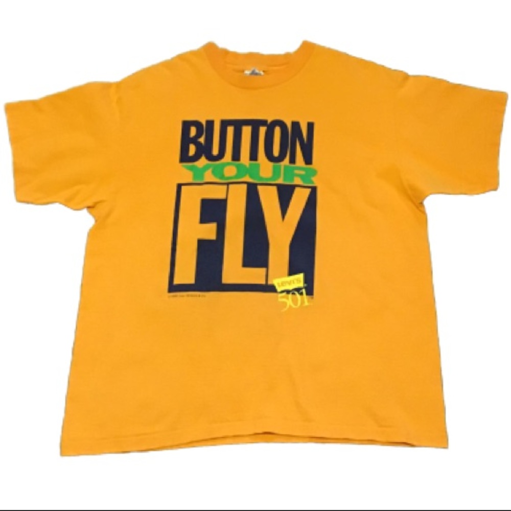 SOLD vintage 90s gold 501 bright unique t shirt - Picture 1 of 8
